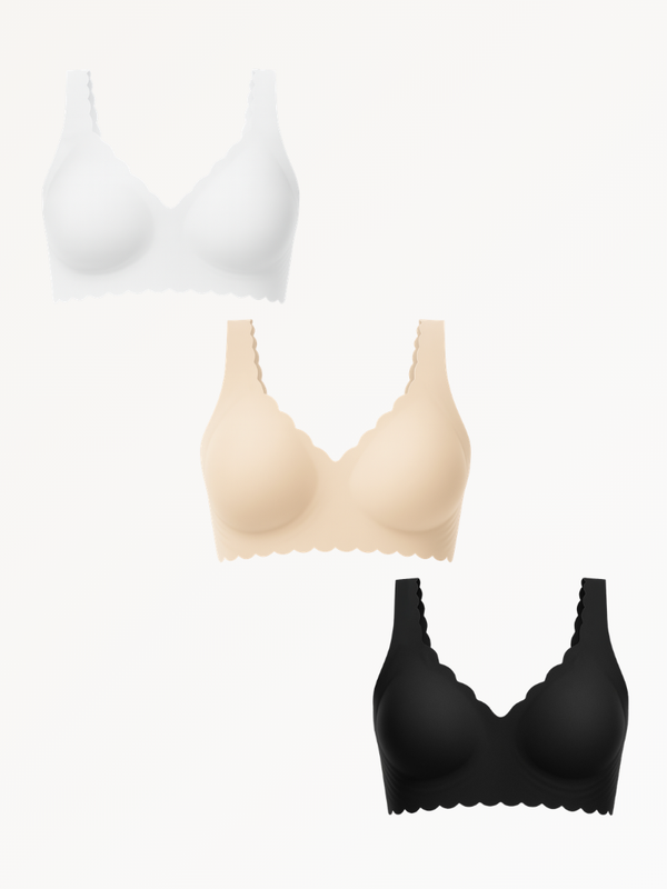 3-Pack Scalloped Deep V Push-Up Seamless Wireless Jelly Bra